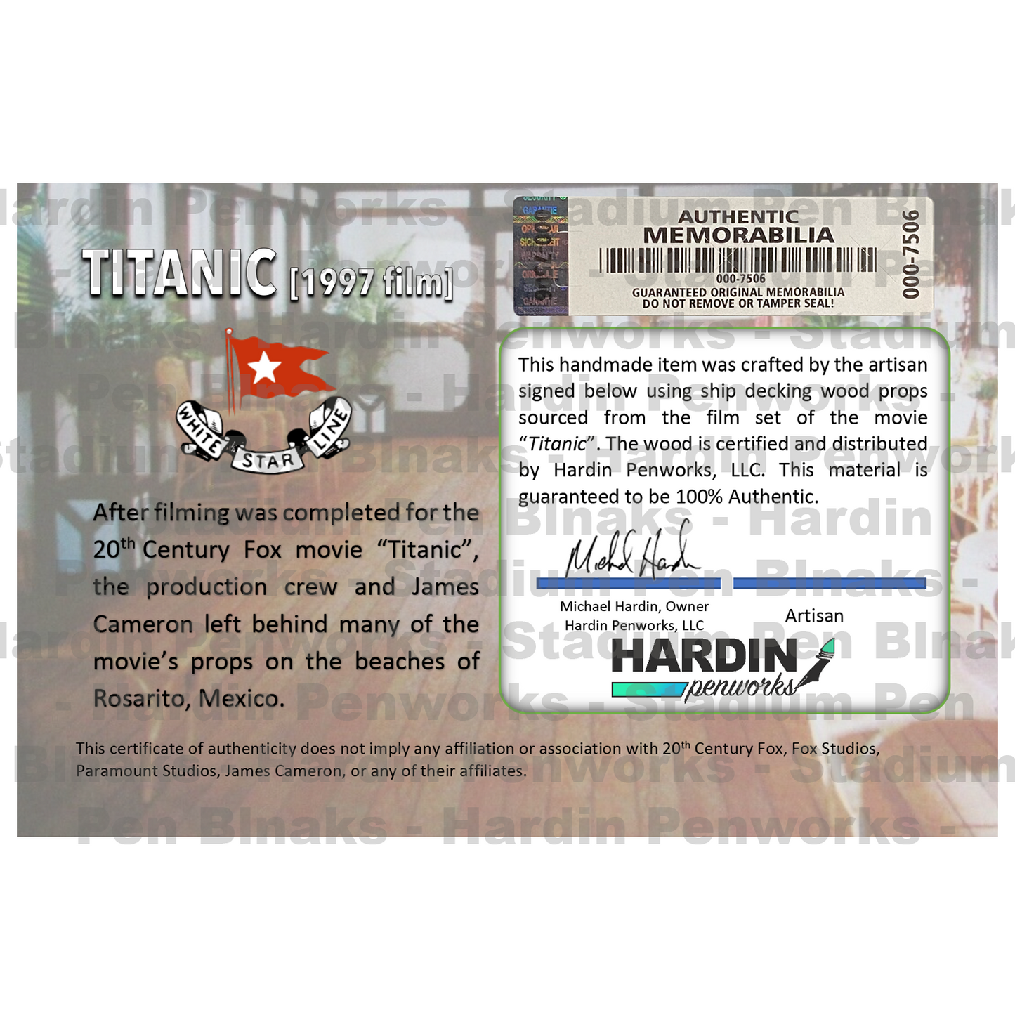 Authentic James Cameron Titanic film set wood pen blank – Rosarito Mexico