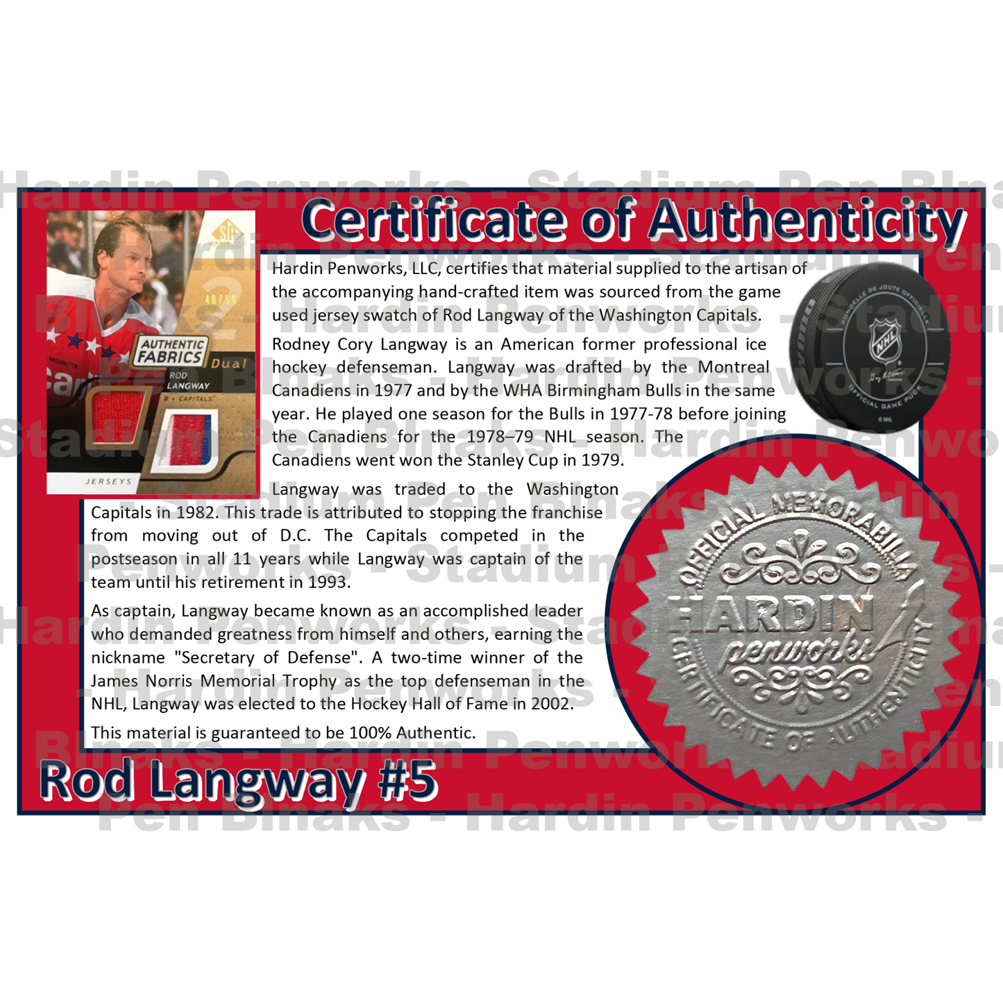 Langway, Rod #5 - Game Played Relic