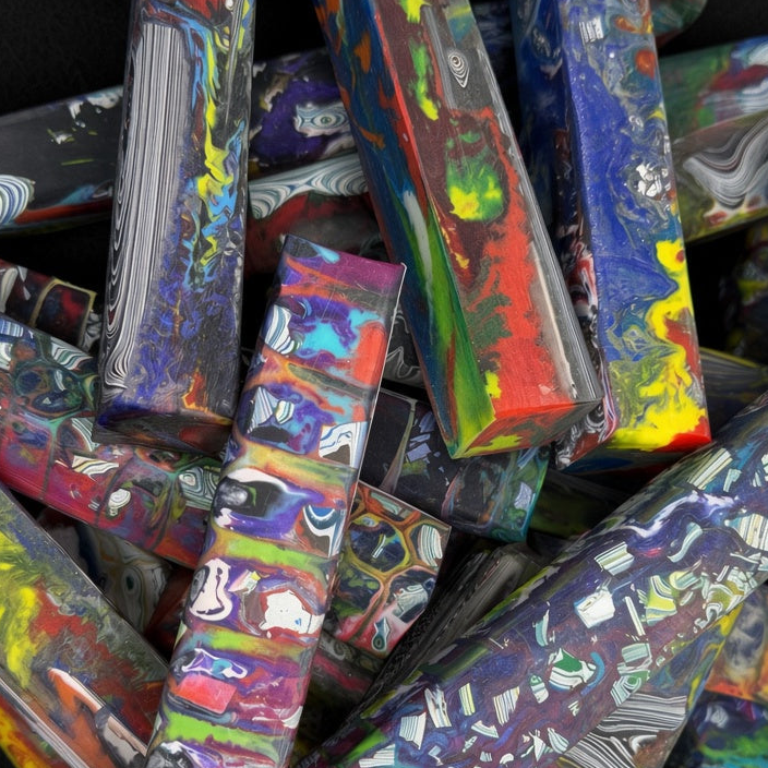 Automotive Fordite Hybrid Resin pen blanks approximately 7/8" sq x 6" are sized for most any pen component set size.