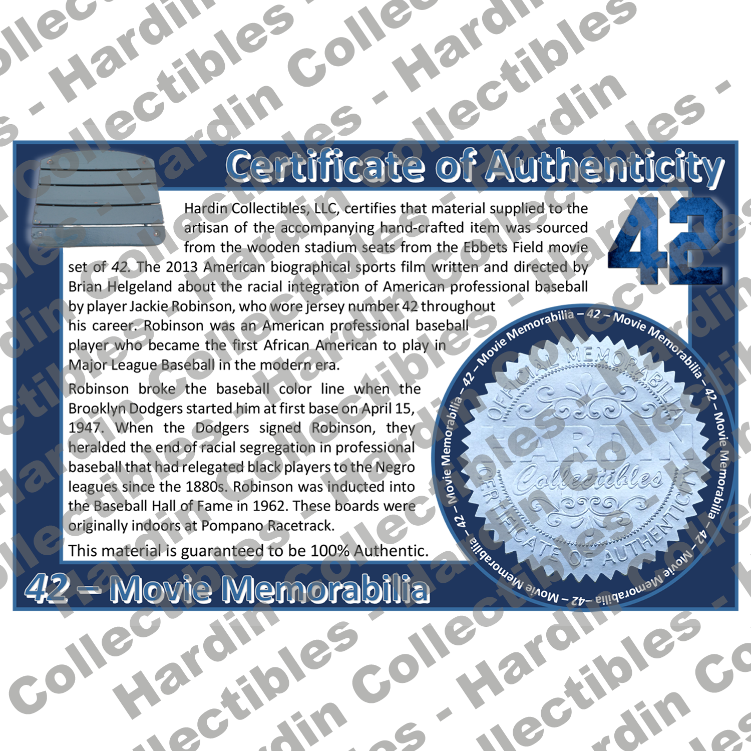 Image of certificate of authenticity for "42" The movie - pen blanks (Memorabilia from the movie) - front