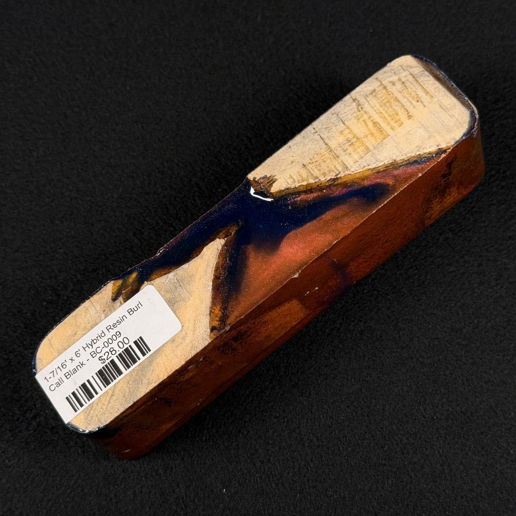 Hybrid resin burl call blank BC-0009 with tan wood grain and deep blue, red, and black resin accents