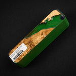Vibrant green resin hybrid burl call blank BC-0010 with rich brown wood grain and subtle blue highlights