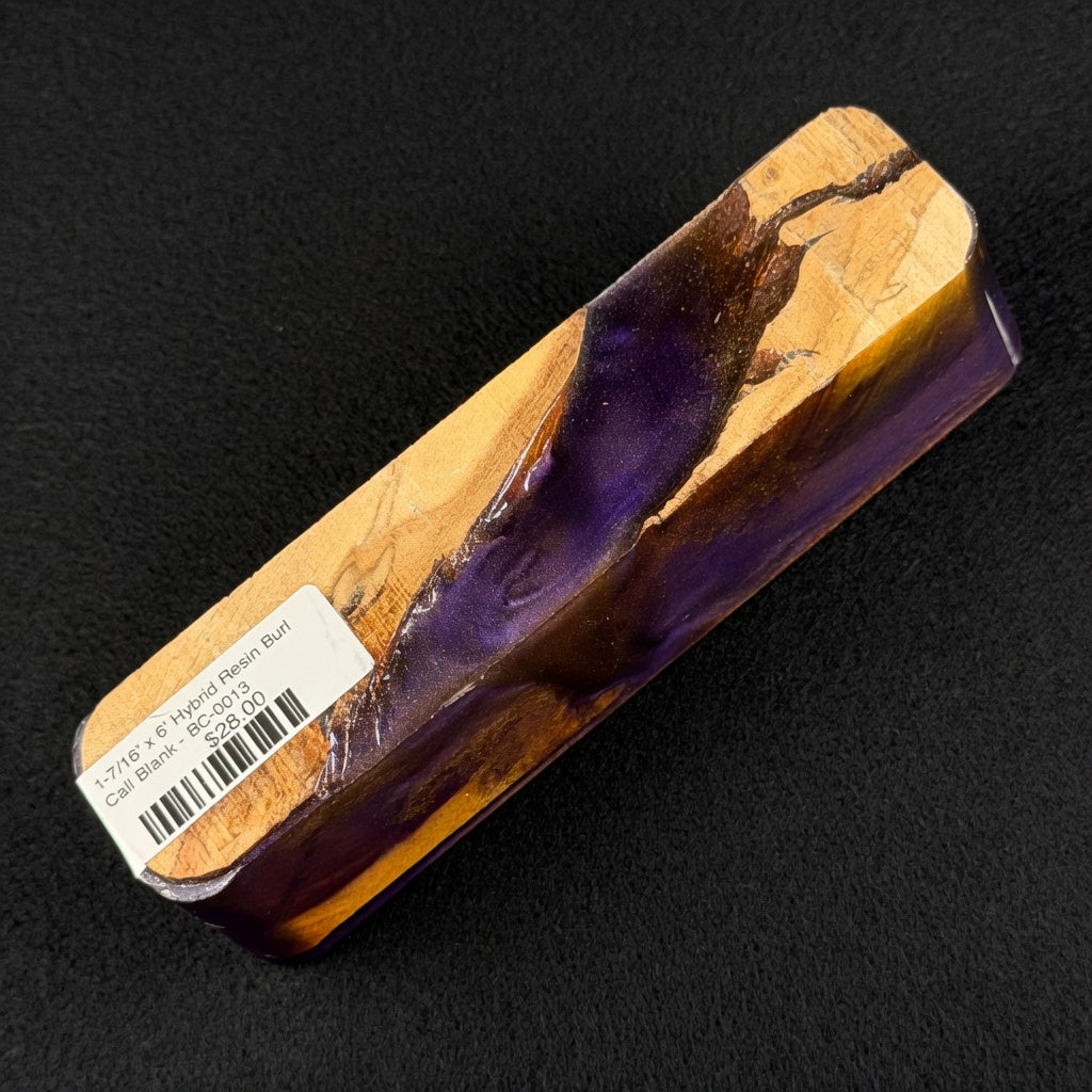 Hybrid burl call blank BC-0013 featuring rich deep purple resin alongside warm tan and brown wood tones