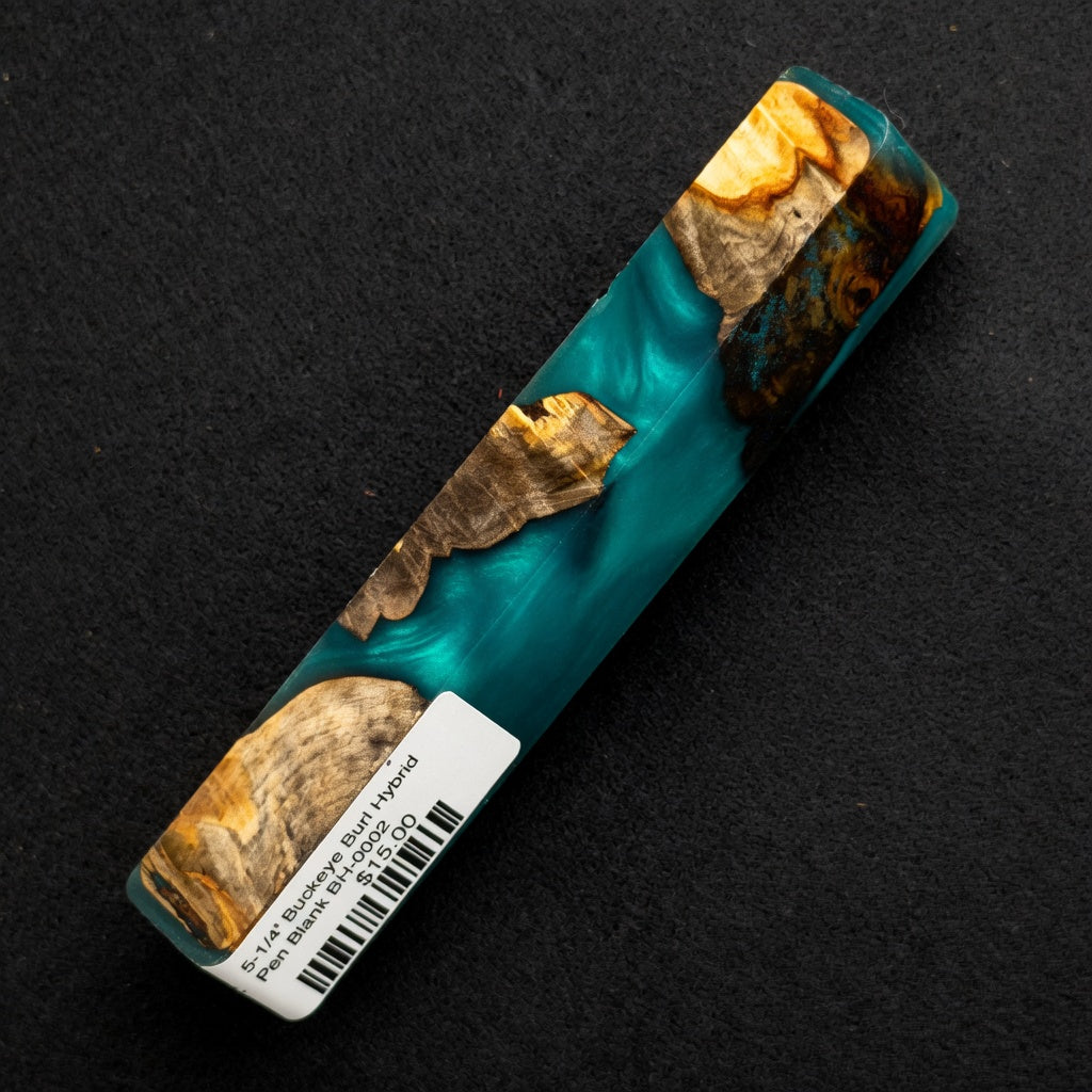 Buckeye Burl Hybrid Pen Blank BH-0002 showcasing rich teal resin surrounding golden brown and tan burl wood inclusions