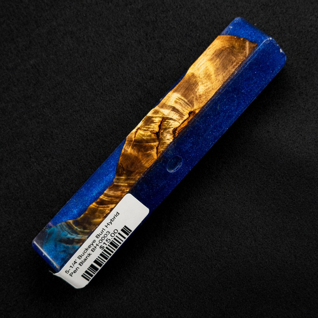 Buckeye Burl Hybrid Pen Blank BH-0003 showcasing rich golden wood grain set against vibrant sparkling blue resin