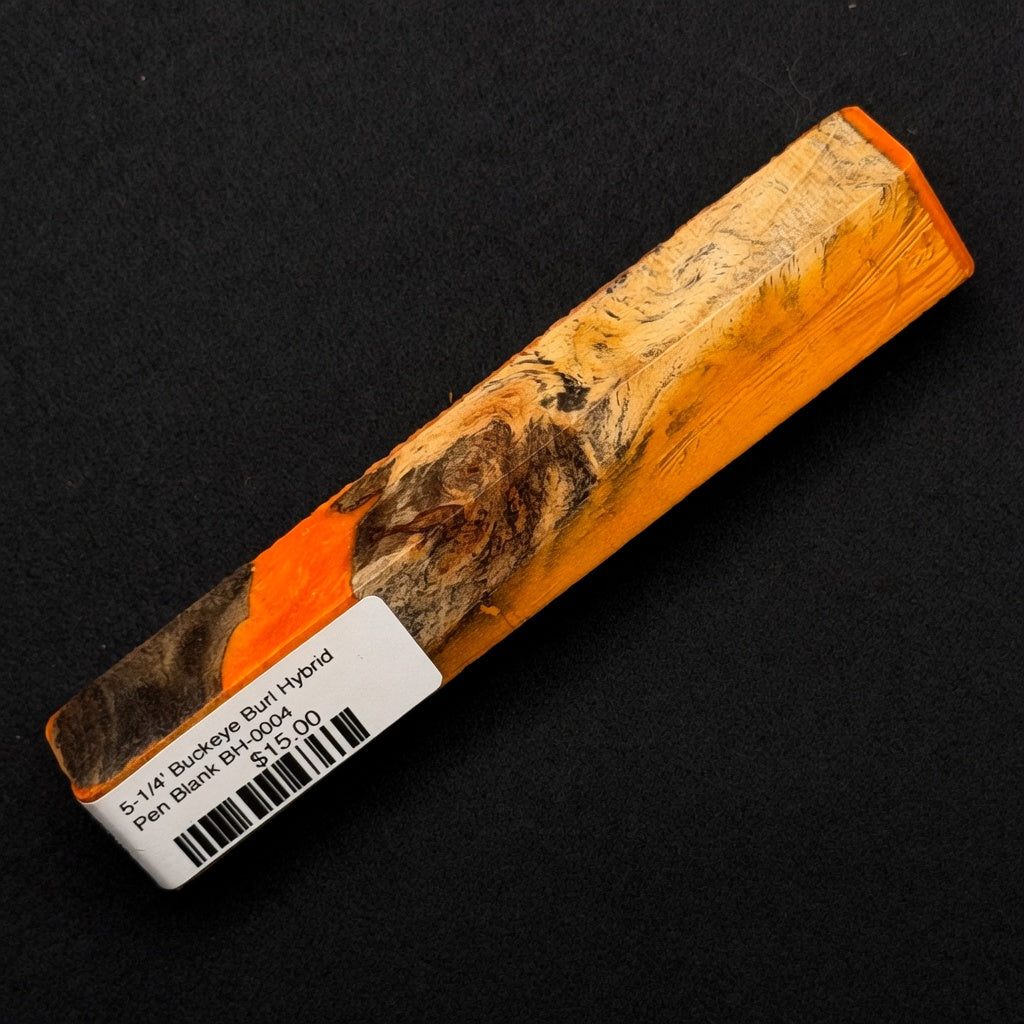 Buckeye Burl Hybrid Pen Blank BH-0004 with vibrant orange resin capping tan and dark brown wood grain