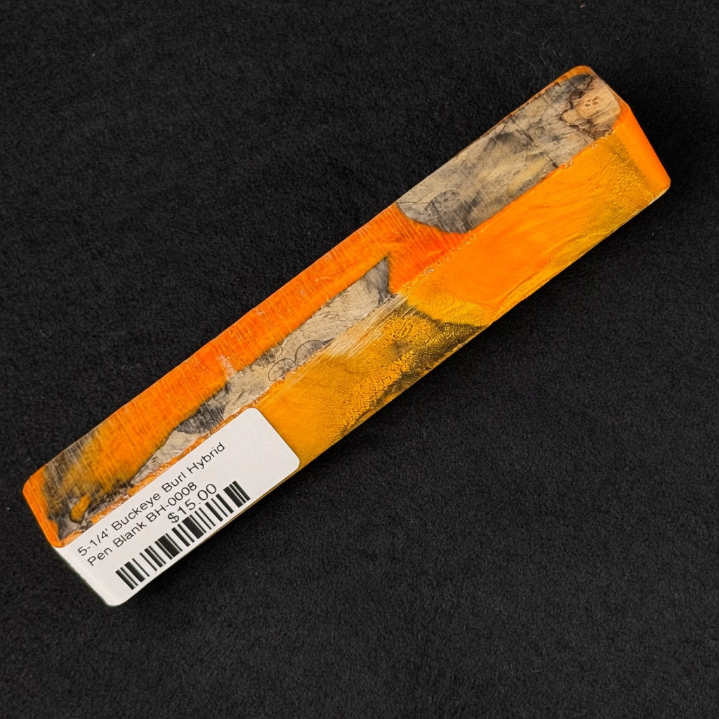 Buckeye Burl Hybrid Pen Blank BH-0008 with vibrant orange and yellow resin surrounding gray wood and dark burl patterns