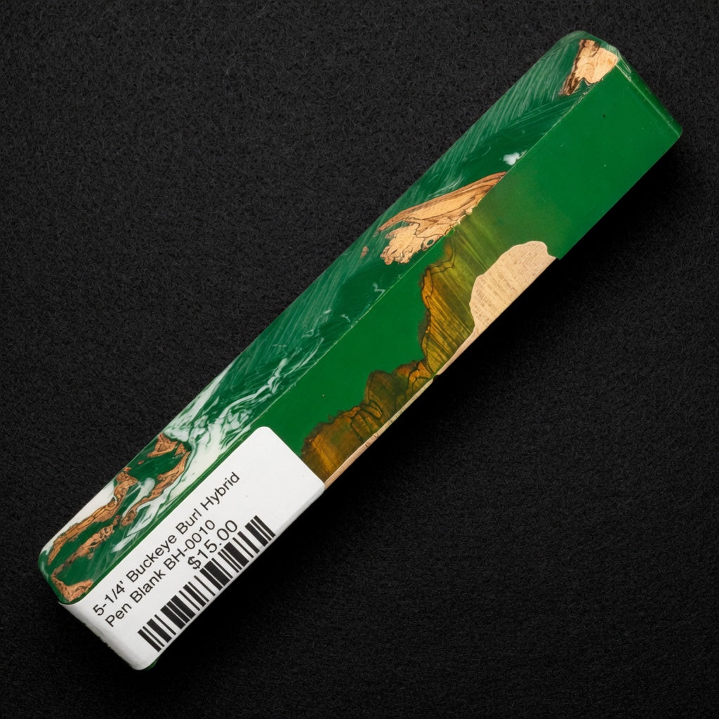 Buckeye Burl Hybrid Pen Blank BH-0010 with vibrant emerald green resin surrounding rich brown and gold wood inclusions