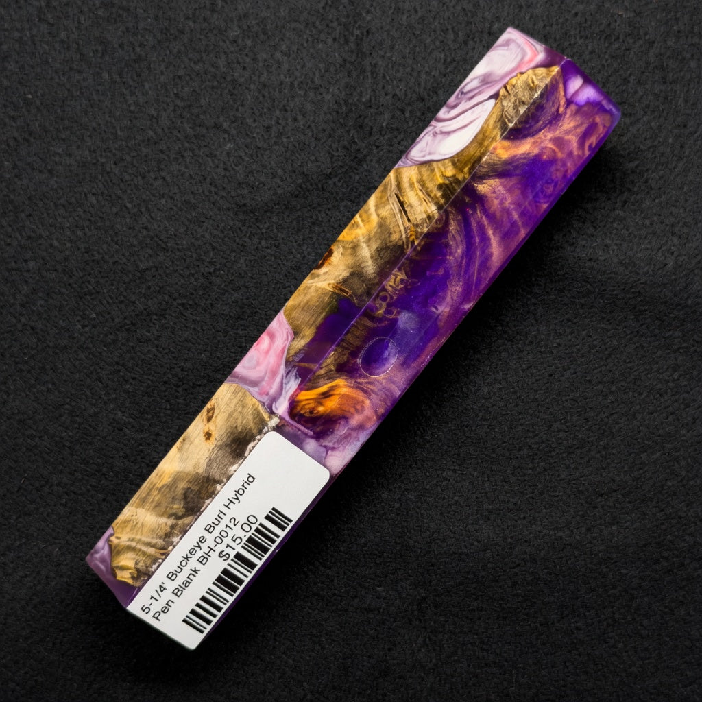 Buckeye Burl Hybrid Pen Blank BH-0012 with rich purple resin surrounding gold and orange wood tones