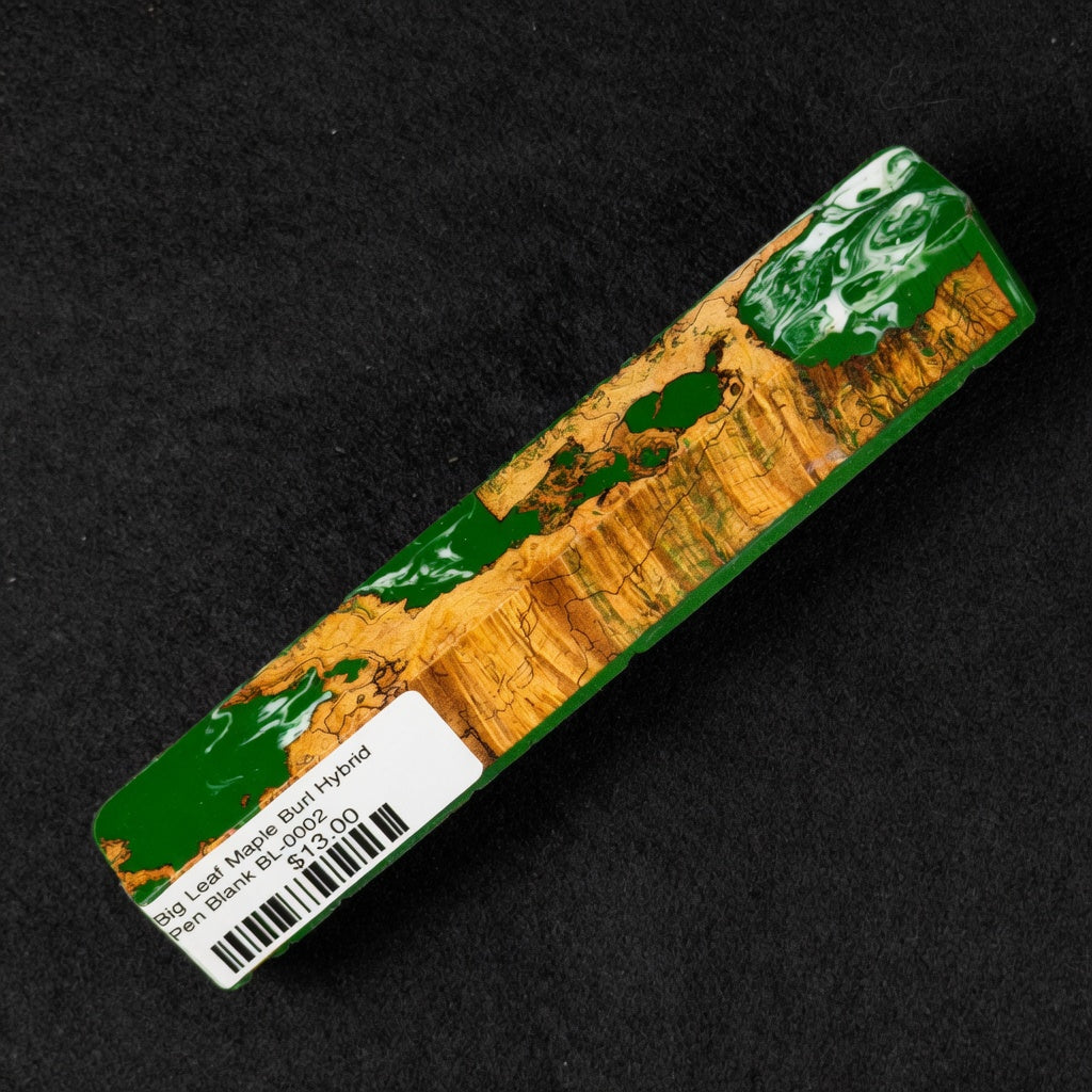 Big Leaf Maple Burl Hybrid Pen Blank BL-0002 displaying vibrant green resin next to rich orange-brown wood tones