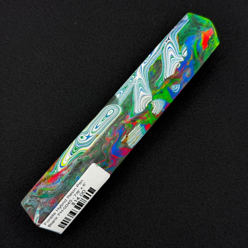 Vibrant Fordite Hybrid Resin Pen Blank FH-0045 with swirling neon green, blue and red patterns in clear resin
