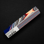 Solid Fordite pen blank FR-0004 with bold blue, red and orange layers against gray and white automotive paint stripes