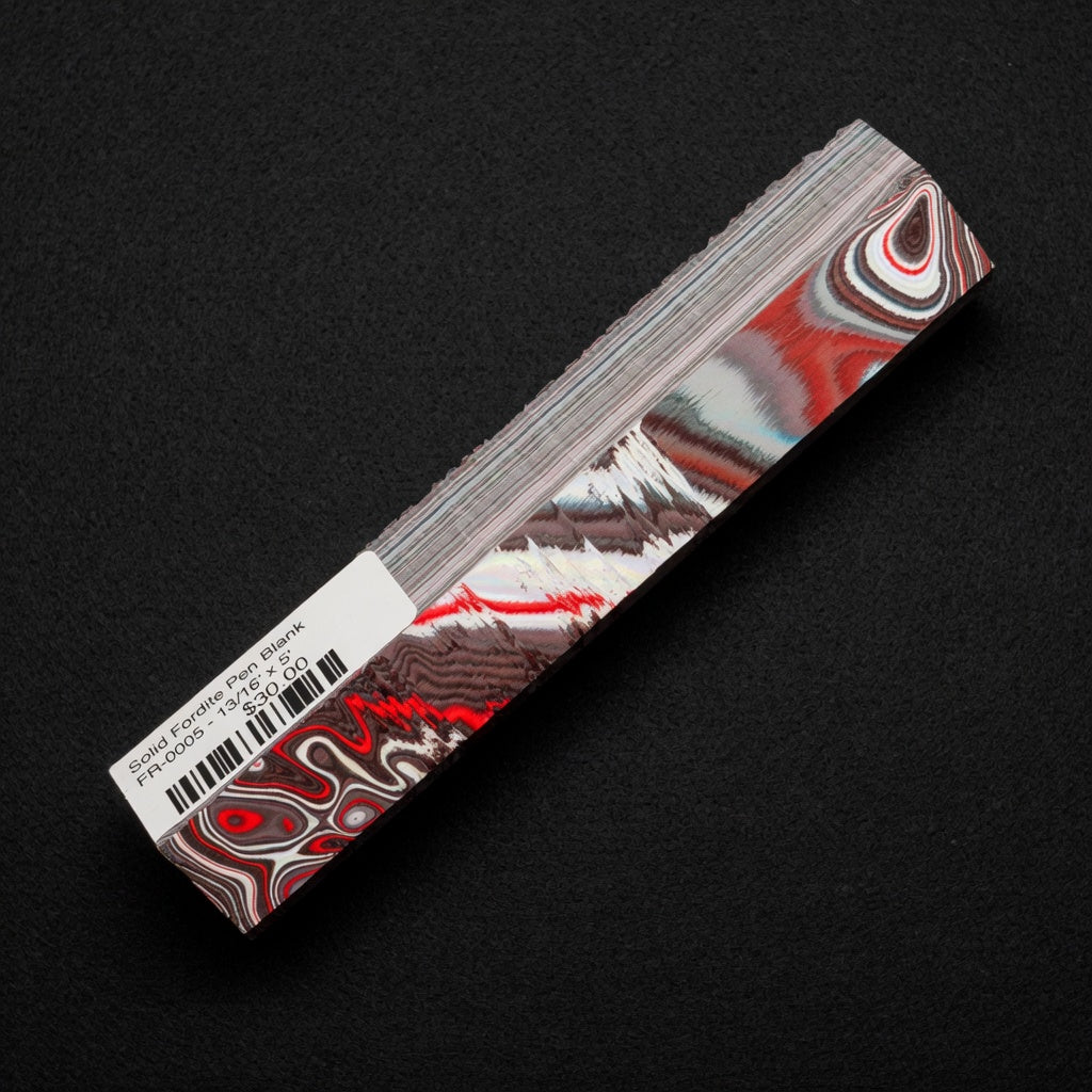 Solid Fordite pen blank FR-0005 displaying bold red, white, and gray layered automotive paint patterns