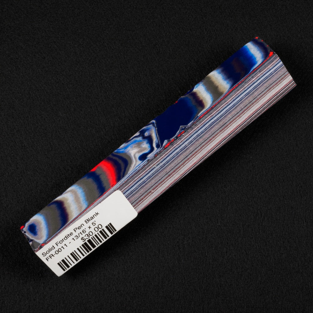 Solid Fordite pen blank FR-0011 with rich blue, vibrant red and gray layered paint patterns