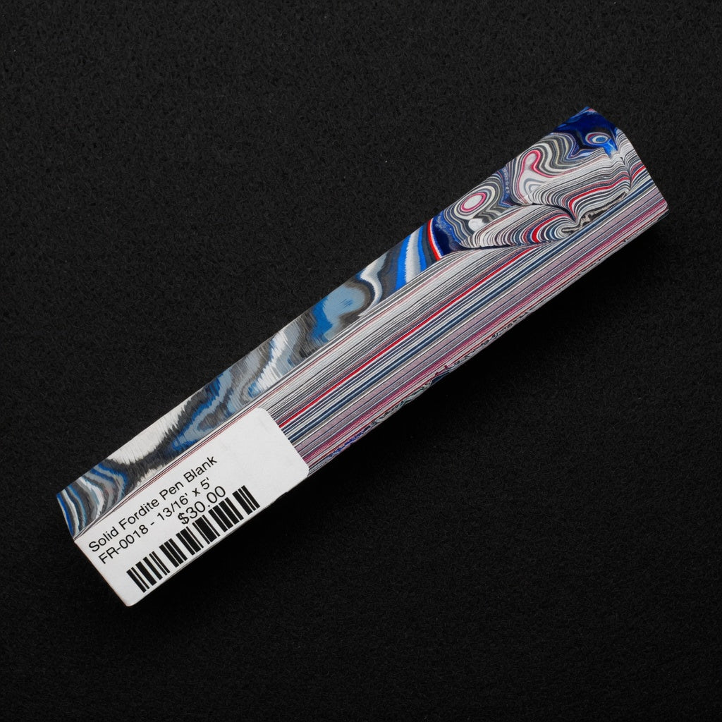 Solid Fordite pen blank FR-0018 with layered blue, red, white and gray automotive paint patterns