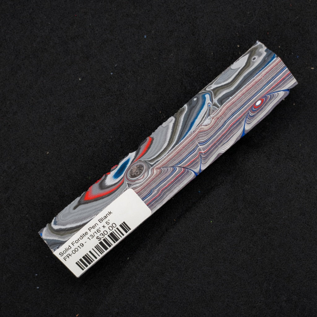 Solid Fordite pen blank FR-0019 with layered gray, blue, red and white paint swirls