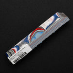 Solid Fordite pen blank FT-0001 displaying layered blue, red, white and gray bands from decades of automotive paint overspray