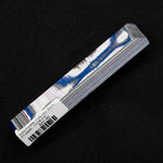 Solid Fordite pen blank FT-0005 showcasing bold blue, white and gray layered paint bands from vintage automotive overspray