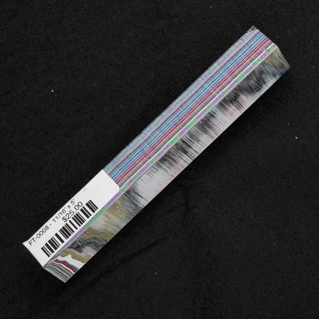 Solid Fordite pen blank FT-0008 with layered stripes of red, blue, green, purple, white and black automotive paint