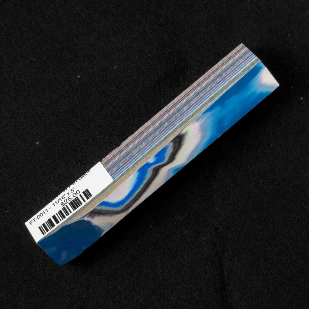 Solid Fordite pen blank FT-0011 with vibrant blue layers and black-white accents from decades of baked paint