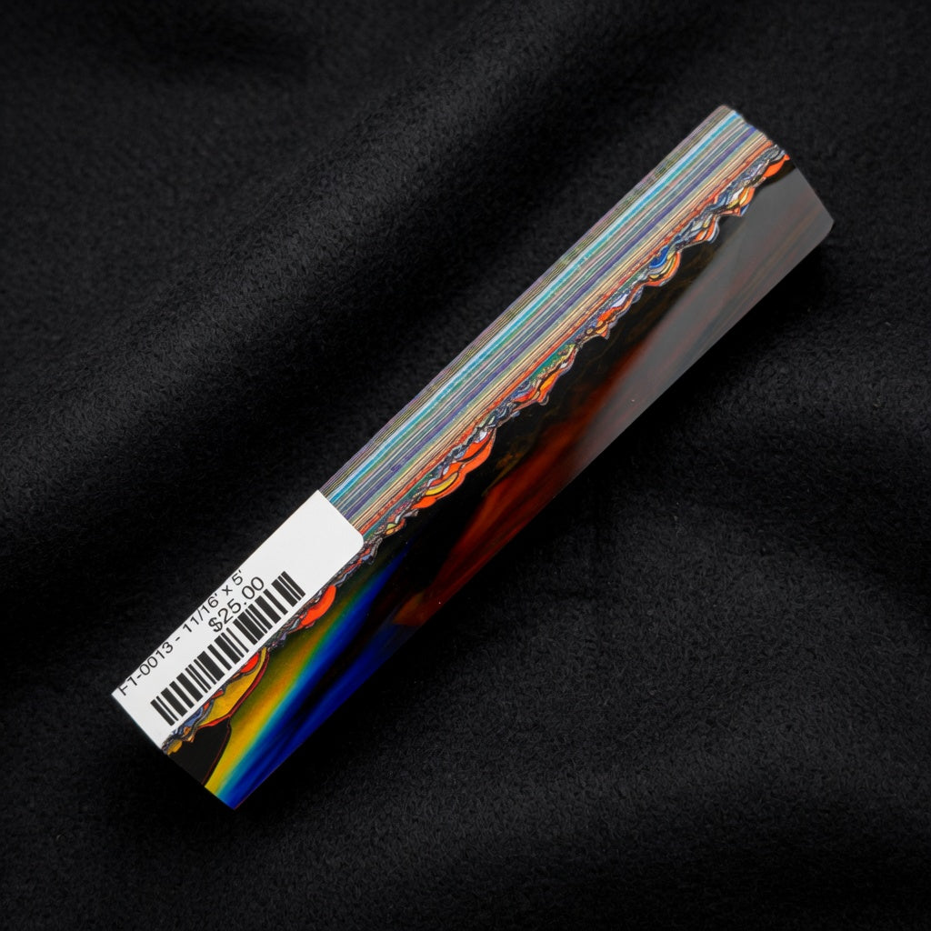 Solid Fordite pen blank FT-0013 displaying vibrant layers of blue green orange red yellow and purple automotive paint