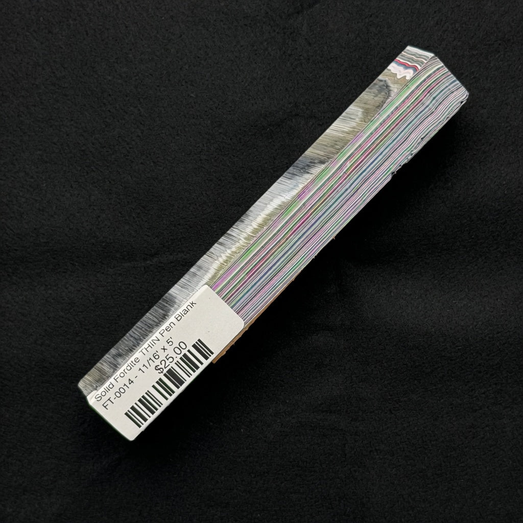 Solid Fordite pen blank FT-0014 showing distinct layers of gray, green, pink, purple, blue and white paint