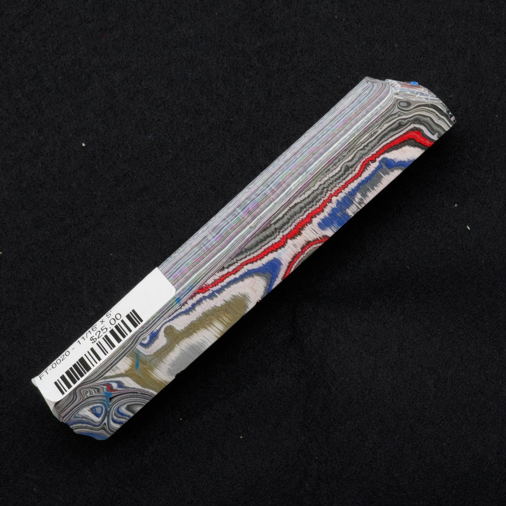 Solid Fordite pen blank FT-0020 showcasing bold red, blue, white and gray layered paint patterns