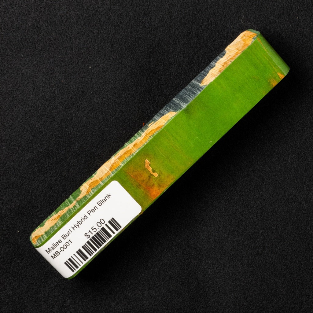MB-0001 Mallee Burl Resin Hybrid Pen Blank showcasing vibrant green resin paired with rich brown and orange burl wood tones