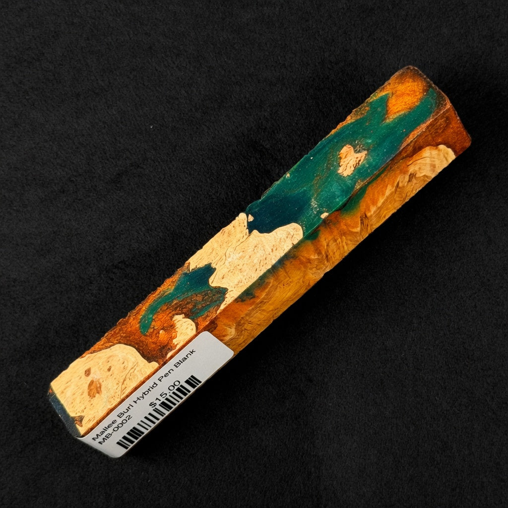 Mallee Burl Resin Hybrid Pen Blank MB-0002 showcasing rich teal and orange resin against natural beige burl wood