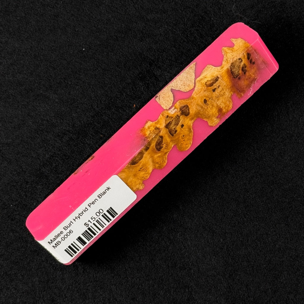 MB-0006 Mallee Burl Hybrid Pen Blank with golden brown wood inclusions set in bright pink resin