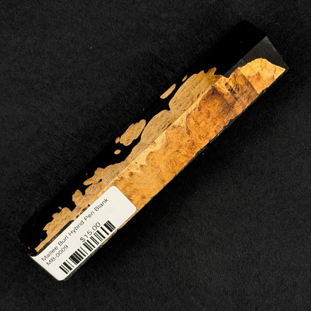 Mallee Burl Resin Hybrid Pen Blank MB-0009 displaying warm tan, brown and orange wood tones against opaque black resin