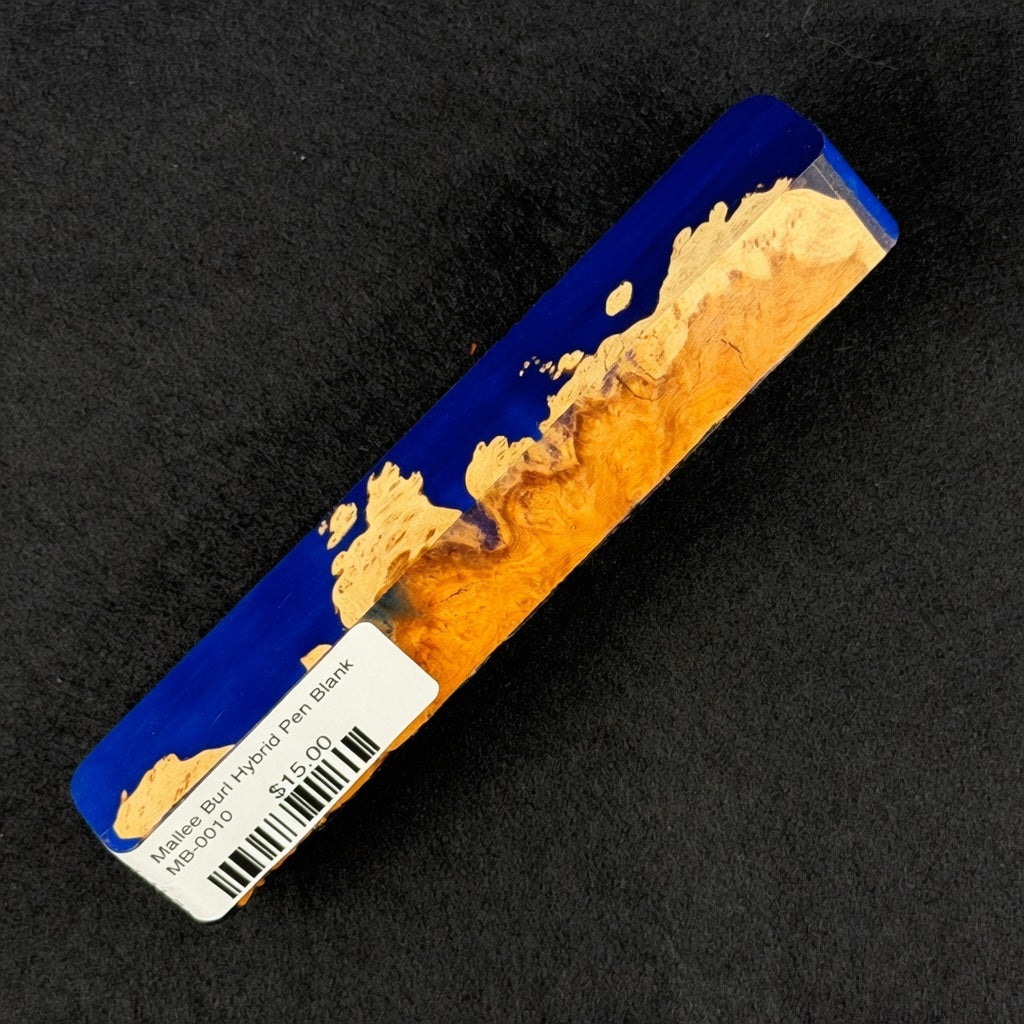 Mallee Burl Hybrid Pen Blank MB-0010 with warm orange wood grain contrasting deep blue resin