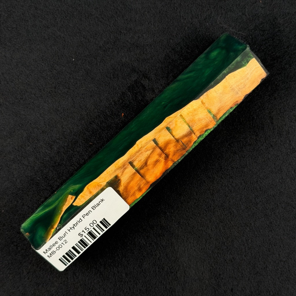 MB-0012 Mallee Burl Resin Hybrid Pen Blank showcasing deep emerald green resin next to warm orange wood grain