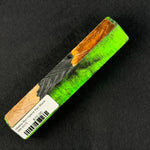 Mallee Burl Resin Hybrid Pen Blank MB-0015 displaying bright neon green resin next to rich brown and orange wood sections