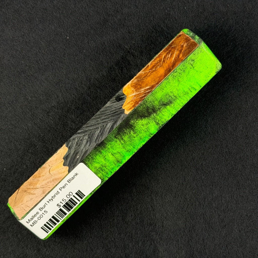 Mallee Burl Resin Hybrid Pen Blank MB-0015 displaying bright neon green resin next to rich brown and orange wood sections