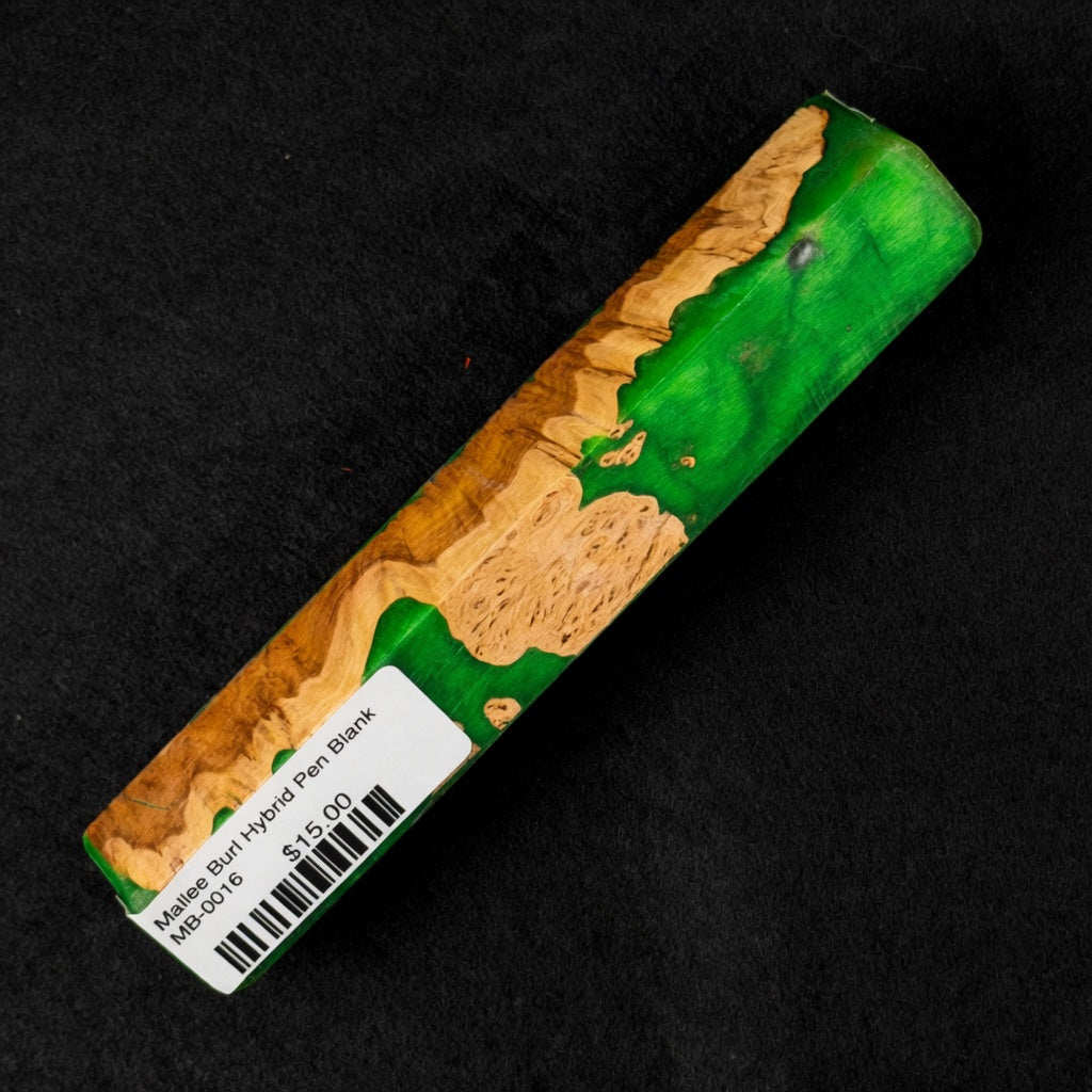 Mallee Burl Resin Hybrid Pen Blank MB-0016 displaying rich brown and tan wood grain next to vibrant green resin