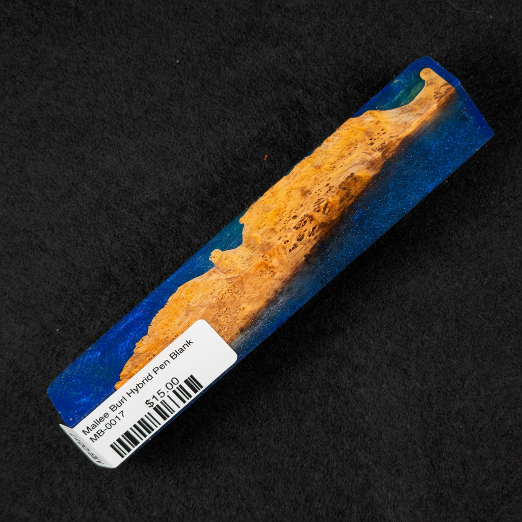 Mallee Burl Hybrid Pen Blank MB-0017 with warm orange and brown burl wood set in vibrant sparkling blue resin