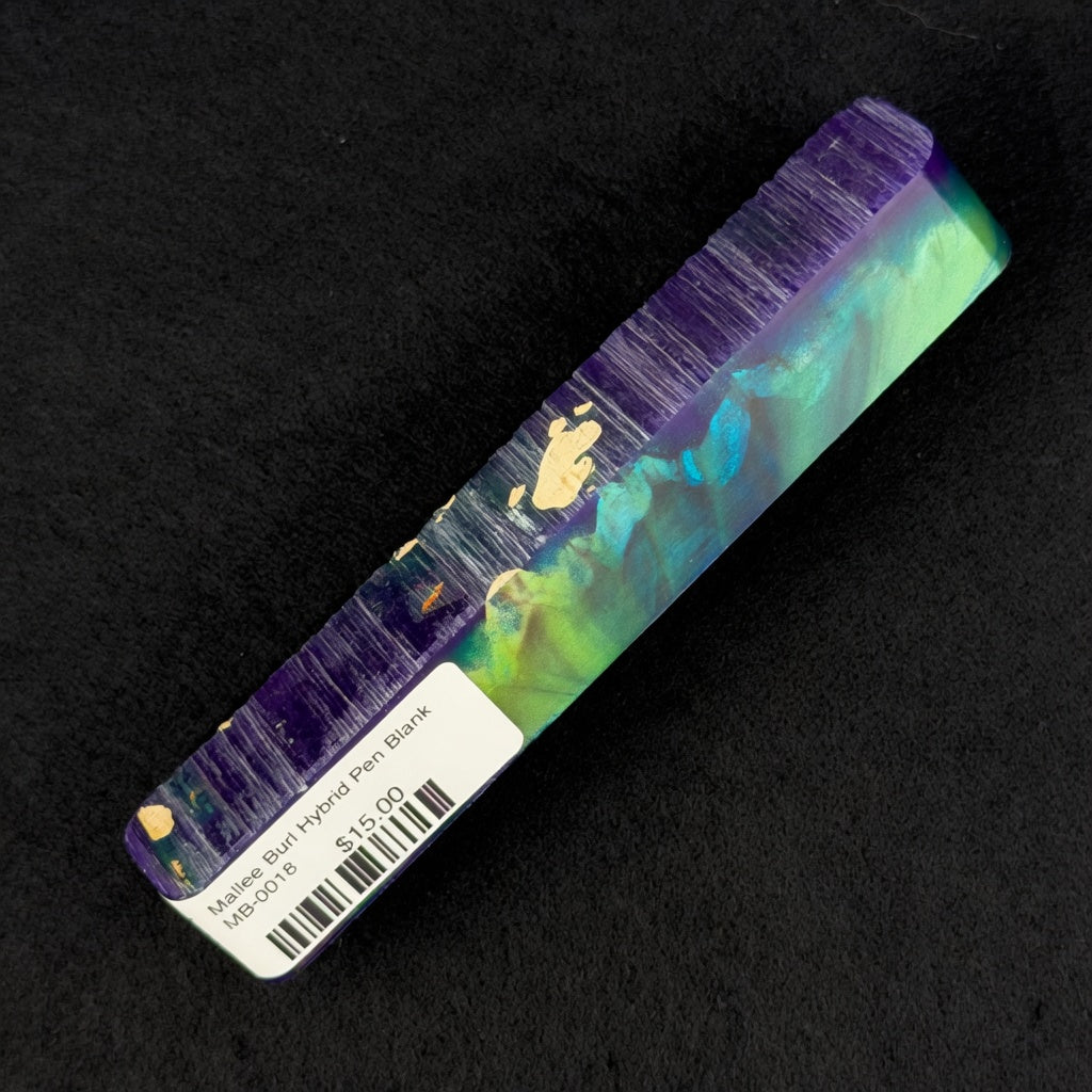 Mallee Burl Hybrid Pen Blank MB-0018 with rich purple, vibrant green, blue and cyan resin swirls plus gold inclusions