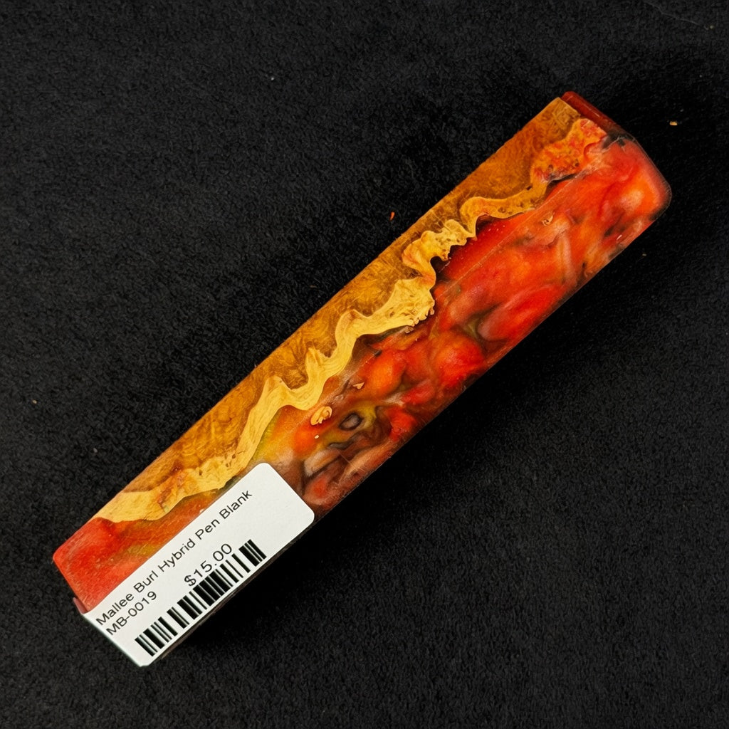 Mallee Burl Resin Hybrid Pen Blank MB-0019 with rich red and orange resin surrounding golden yellow wood grain