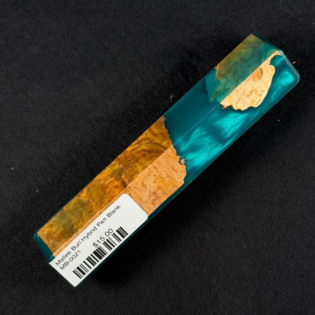 Mallee Burl Resin Hybrid Pen Blank MB-0021 displaying rich teal resin next to golden-orange wood tones
