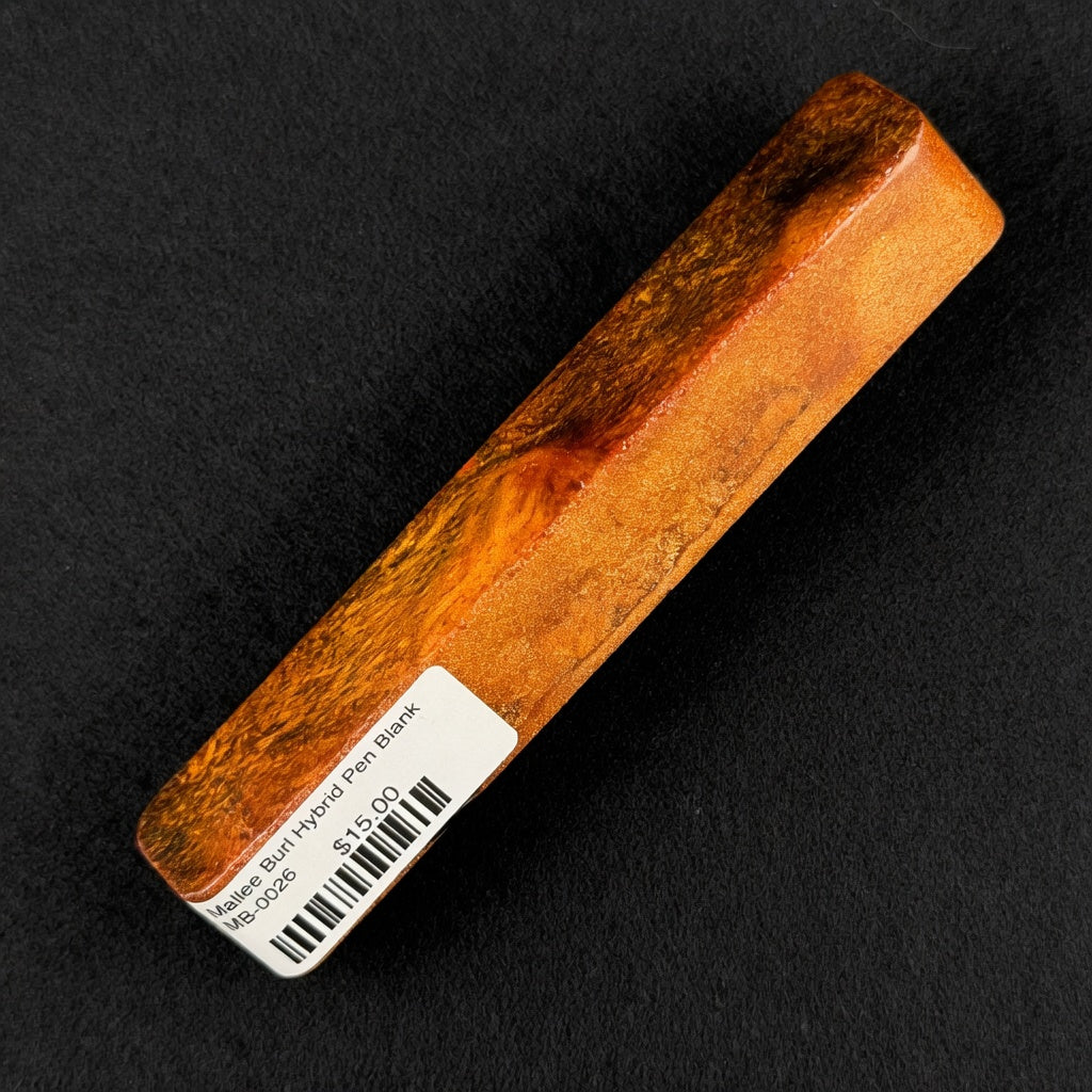 Rich orange and amber Mallee Burl Hybrid Pen Blank MB-0026 with natural burl grain in clear resin