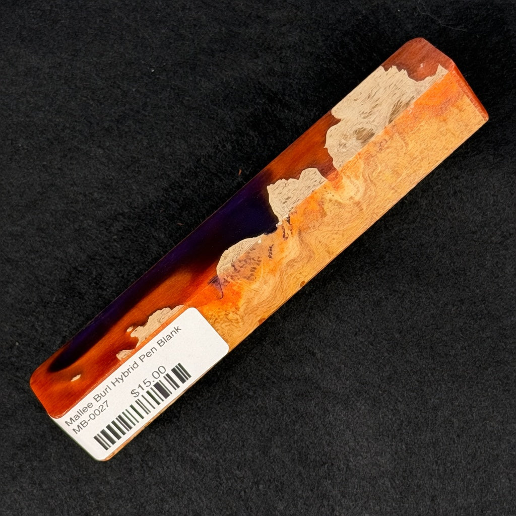 Mallee Burl Hybrid Pen Blank MB-0027 displaying rich purple and orange resin alongside warm brown and tan burl wood