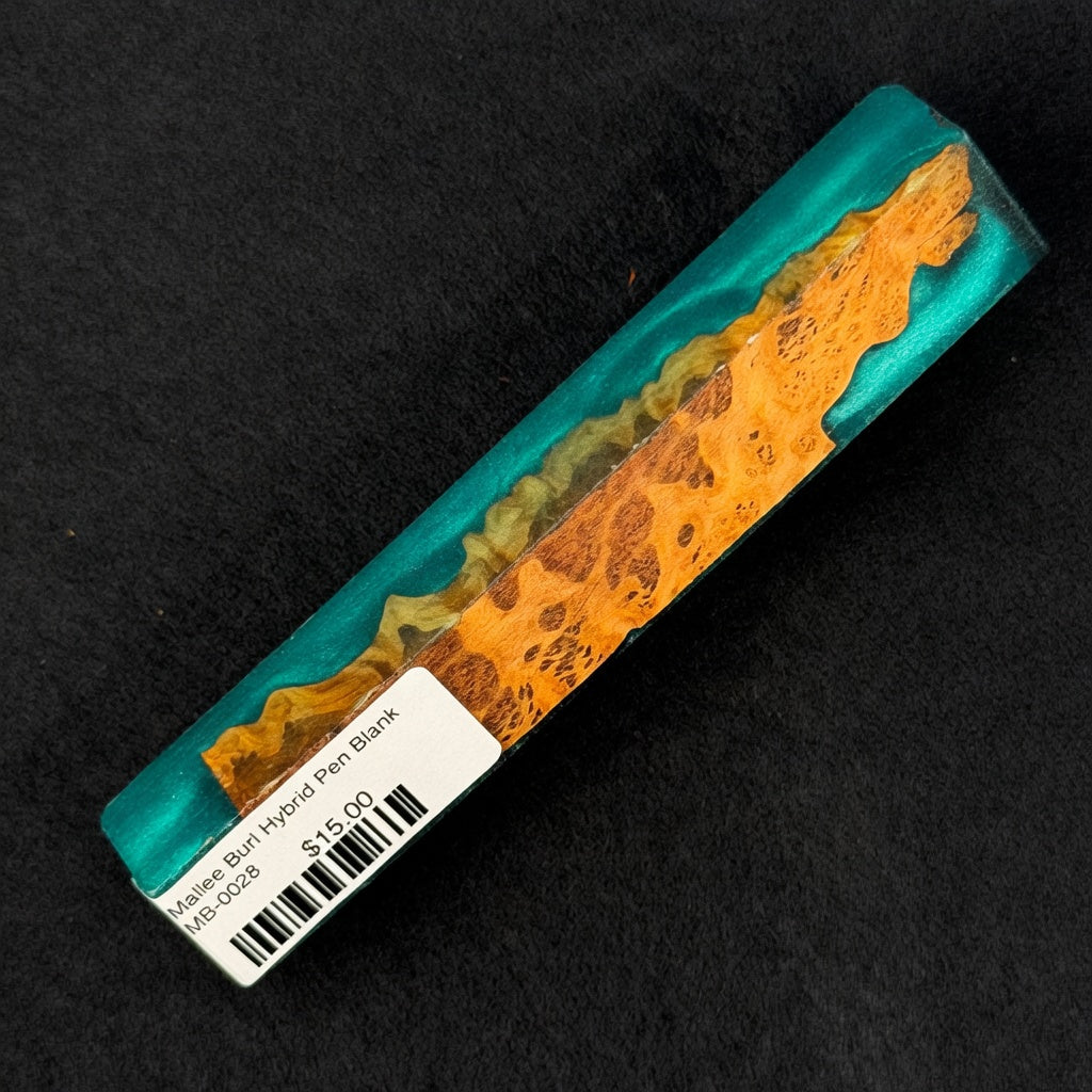 Mallee Burl Resin Hybrid Pen Blank MB-0028 showcasing vibrant teal resin surrounding rich orange and brown burl wood