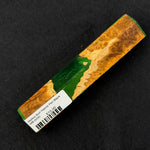 MB-0035 Mallee Burl Resin Hybrid Pen Blank displaying rich orange and brown burl wood grain next to emerald green resin