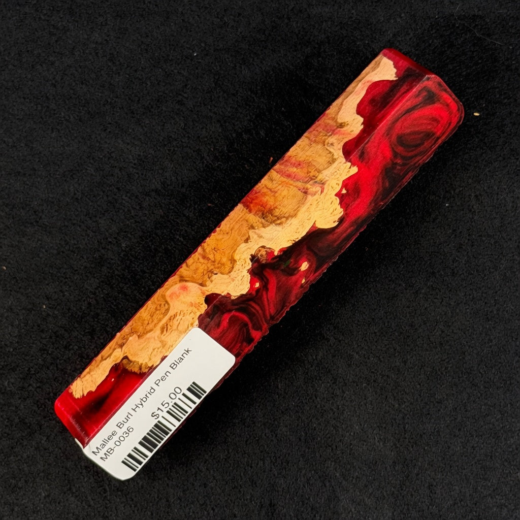Mallee Burl Hybrid Pen Blank MB-0036 featuring vibrant red resin contrasting with natural tan and brown wood burl tones