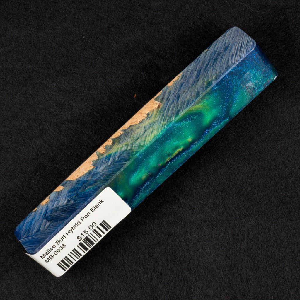 Mallee Burl Resin Hybrid Pen Blank MB-0038 with deep blue wood grain and vibrant green-teal glitter resin