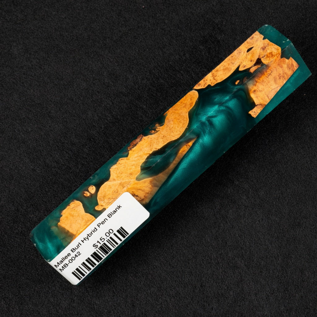 Mallee Burl Resin Hybrid Pen Blank MB-0042 showcasing vibrant teal resin surrounding rich orange-brown burl wood