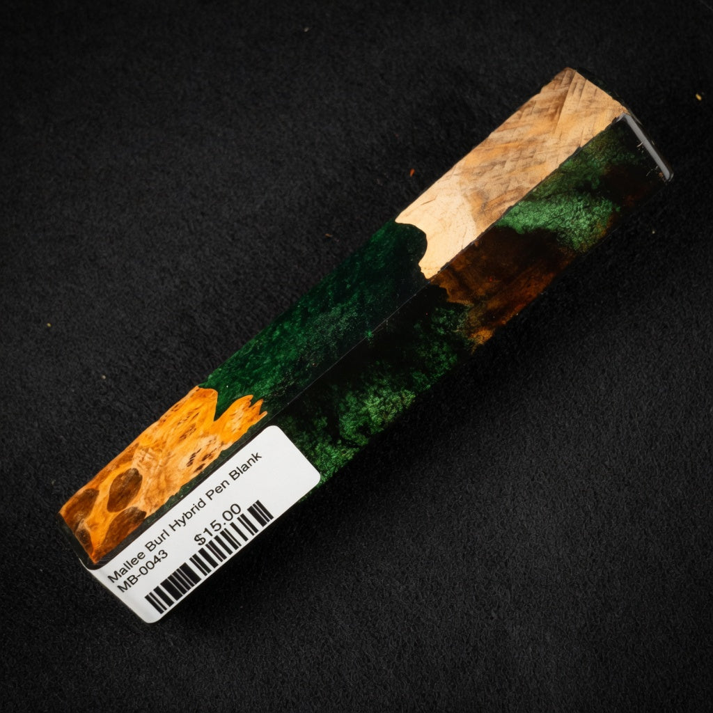 Mallee Burl Resin Hybrid Pen Blank MB-0043 with deep emerald green resin surrounding rich orange and brown wood tones