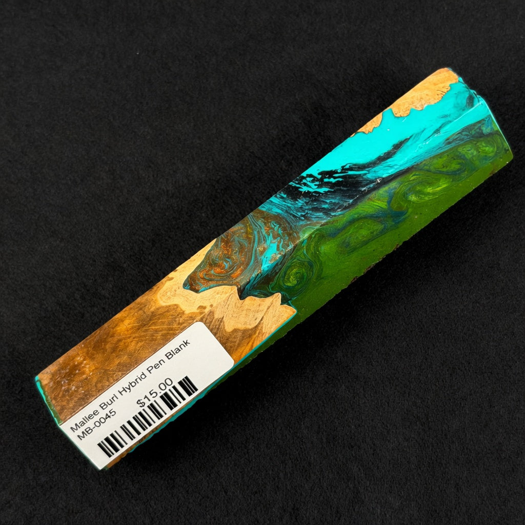 Mallee Burl Hybrid Pen Blank MB-0045 displaying rich brown and orange wood grain next to vibrant turquoise and green resin