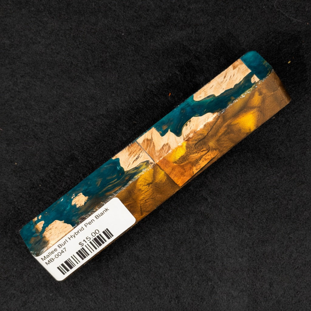 Mallee Burl Resin Hybrid Pen Blank MB-0047 displaying rich teal and amber resin alongside natural beige and brown wood tones